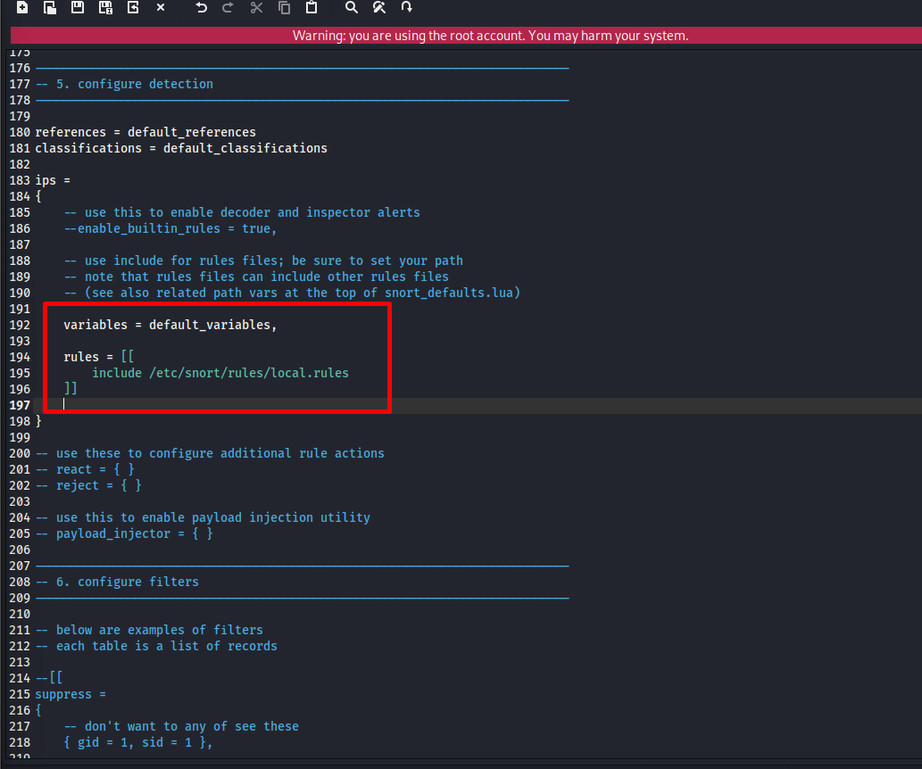 Rules section showing local.rules include