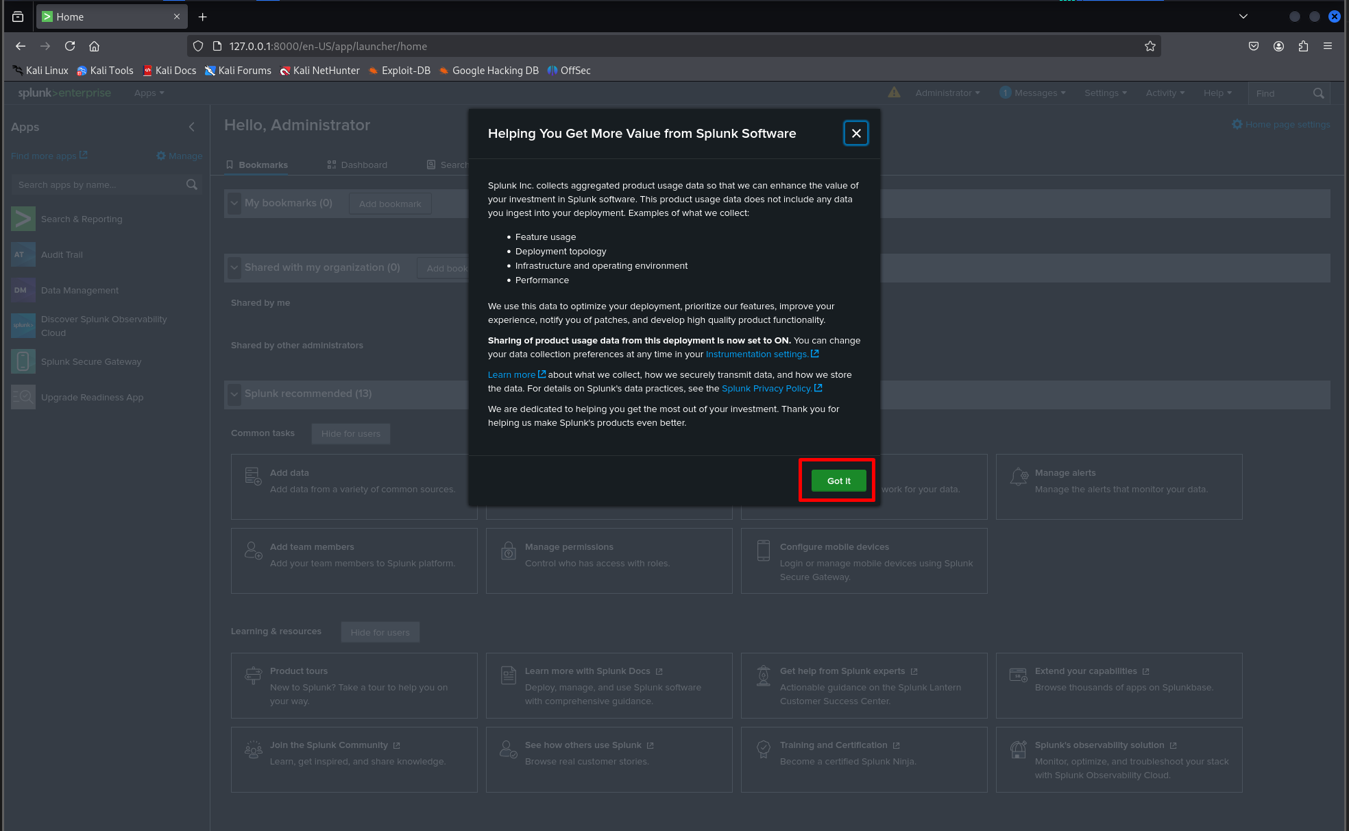 Splunk dashboard after login (p1)
